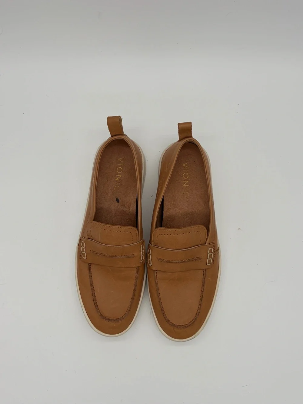 Vionic Tan Leather Penny Loafers with White Sole